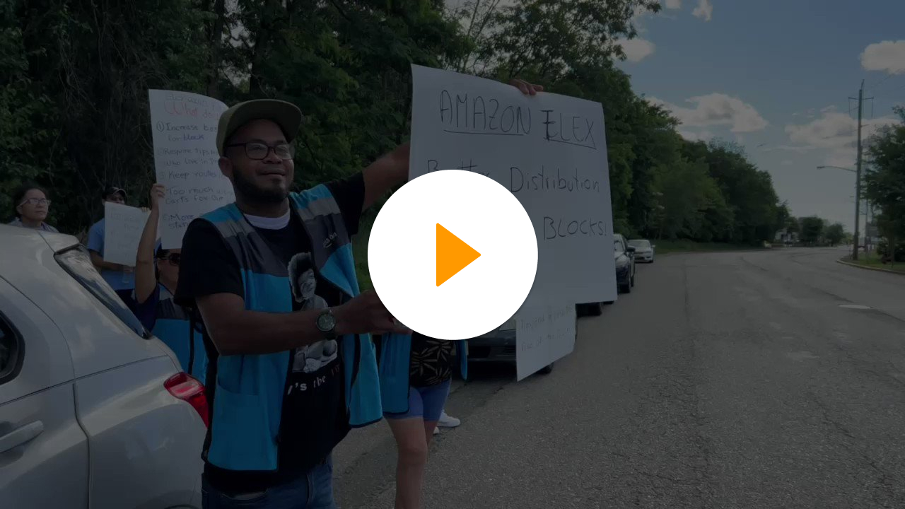 Thumbnail image for video of Amazon flex drivers at a protest in Avenel, NJ