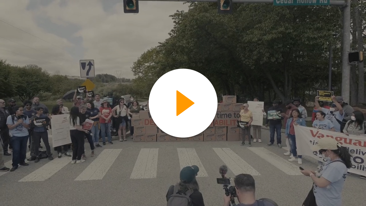 Thumbnail image for video of workers at a #AmazonHurts protest