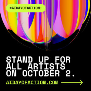 An image sized for sharing to your Instagram feed. It has a black background and says "Stand up for all artists on October 2."