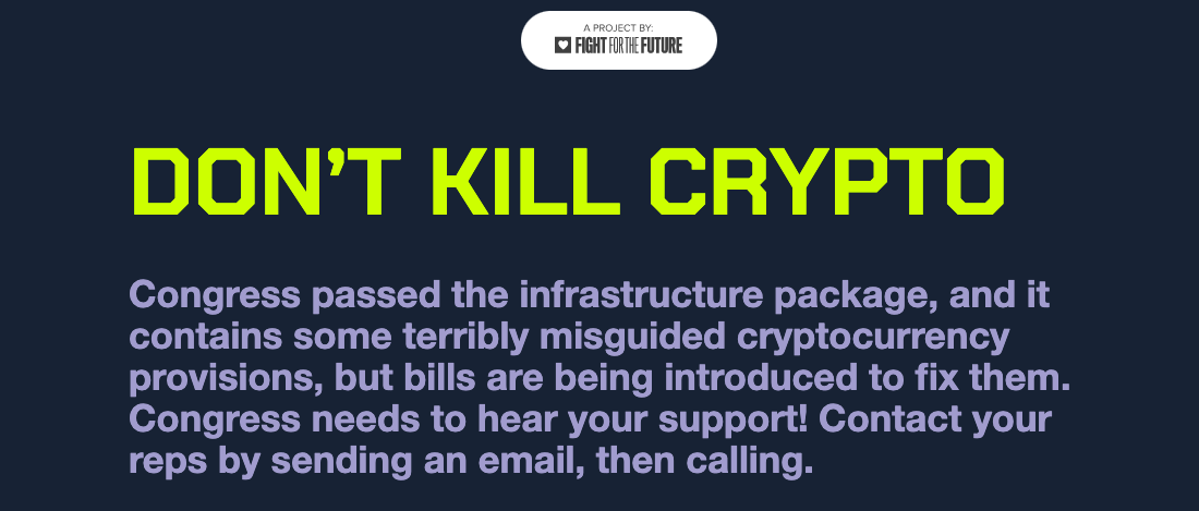 Dark blue background with green text that reads: Don't Kill Crypto.