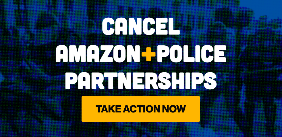 People being harmed by police with a dark blue filter, text reads: Cancel Amazon + Police partnerships.