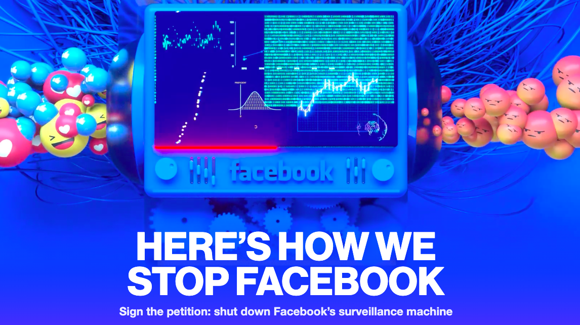 Blue background with a computer screen attached to a machine, with happy emojis passing into the machine and angry emojis coming out. The text reads: Here's how to stop facebook.