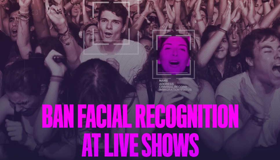 A picture of a crowd at a live event is overlayed with a gray filter. Animation focuses on individual faces and lists "Name, Address, Criminal Record" below the face. There is bright pink text at the bottom of the graphic that reads: "ban facial recognition at live events."