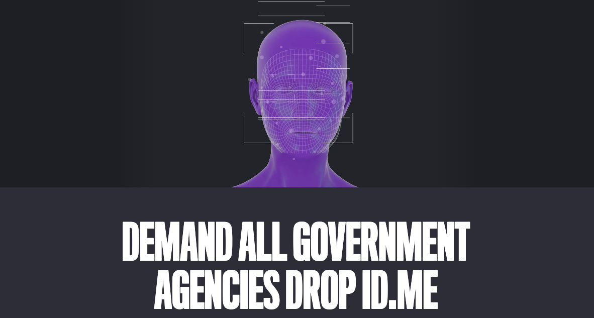 Black background with a geometric purple face. A dark grey banner beneath is has white text that reads "Demand all government agencies dump ID.me"