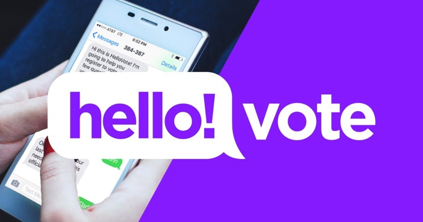 A woman uses the Hello Vote chatbot on her phone to register to vote.