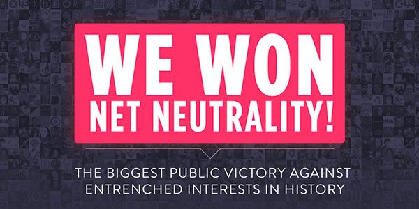 We Won Net Neutrality! over a mosaic of logos and avatars
