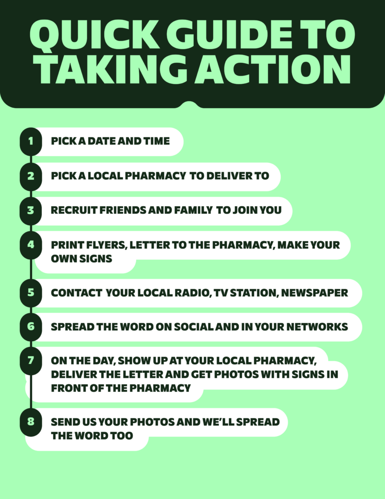 Quick guide to taking action:
1. Pick a date and time.
2. Pick a local pharmacy to deliver to.
3. Recruit friends and family to join you.
4. Print flyers, letter to the pharmacy, make your own signs.
5. Contact your local radio, TV station, newspaper.
6. Spread the word on social media and in your networks.
7. On the day, show up at your local pharmacy, deliver the letter, and get photos with signs in front of the pharmacy.
8. Send us your photos and we'll spread the word too.