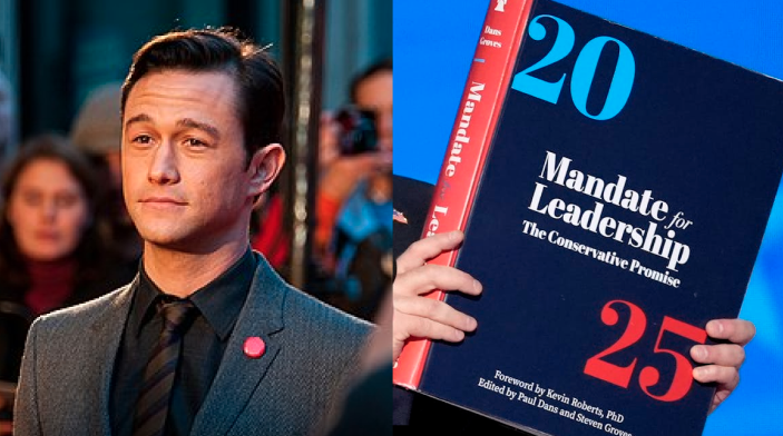Left: a photo of Joseph Gordon-Levitt. Right: a photo of someone holding the book "Mandate for Leadership: The Conservative Promise"